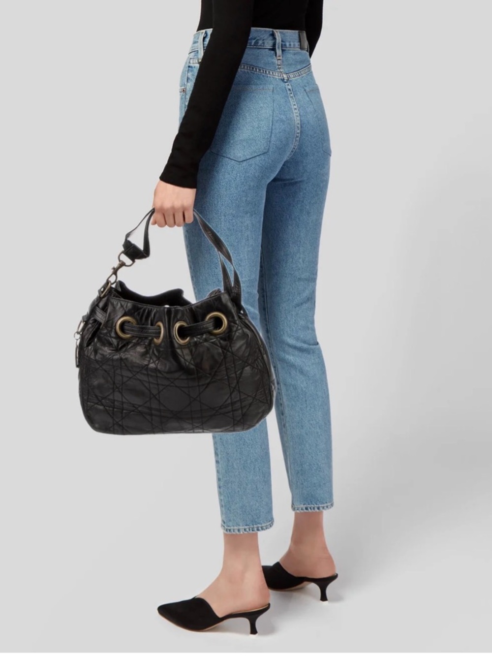 Vintage Christian Dior Shoulder Bag Cannage Quilted Black Leather bucket bag - Picture 14 of 16